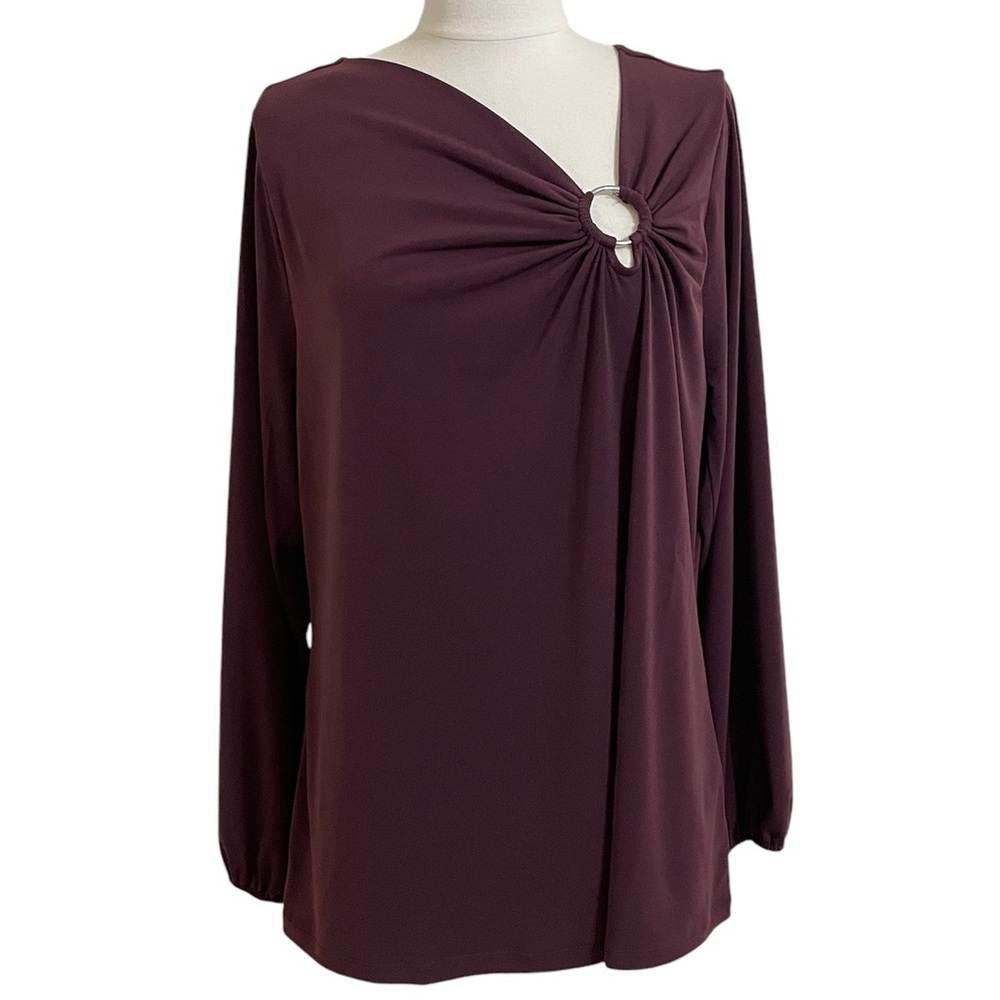 New MICHAEL KORS Burgundy Color Asymmetrical Neck Jersey Knit Long Sleeve Top 1X